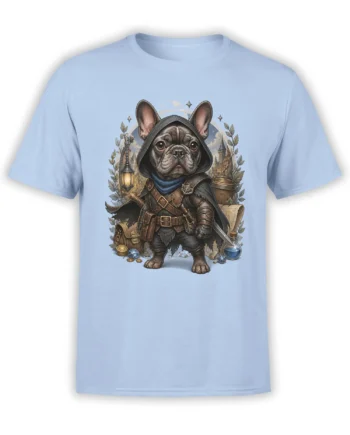 Light blue unisex t-shirt with detailed fantasy French bulldog rogue in armor holding a sword, surrounded by coins, potion, and medieval town art