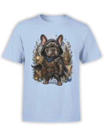 Light blue unisex t-shirt with detailed fantasy French bulldog rogue in armor holding a sword, surrounded by coins, potion, and medieval town art