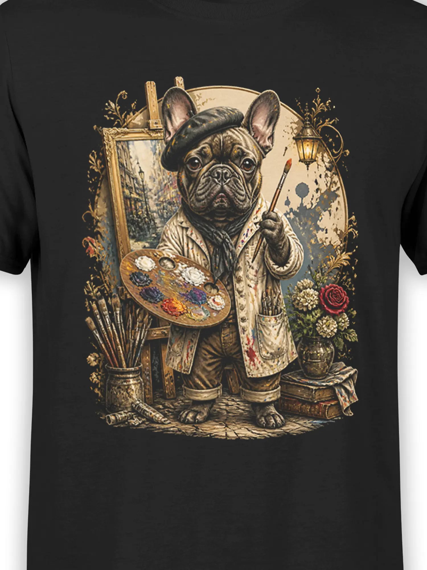 Close-up of the French bulldog painter design showing beret, paint-splattered coat, palette, and easel on the black t-shirt