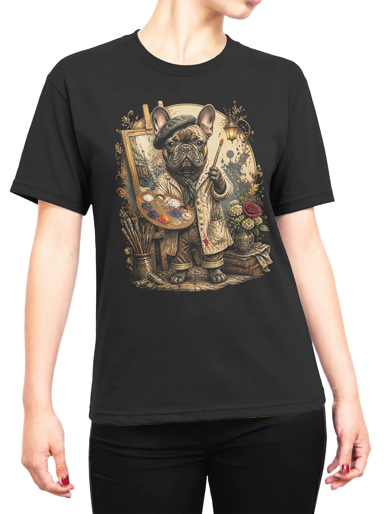 Woman wearing black French bulldog painter t-shirt with vintage artist dog design centered on the chest