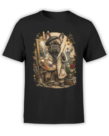 Black unisex t-shirt featuring a detailed French bulldog painter with beret, palette, easel, and studio accents in a vintage art style