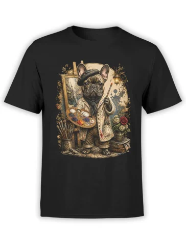 Black unisex t-shirt featuring a detailed French bulldog painter with beret, palette, easel, and studio accents in a vintage art style