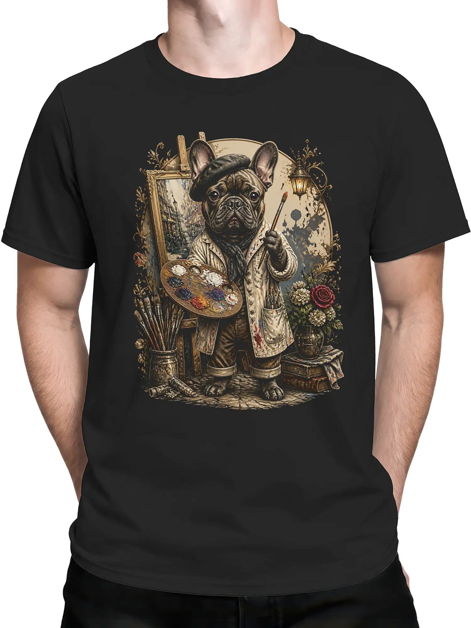 Man wearing black French bulldog artist t-shirt with detailed painter dog and studio background graphic