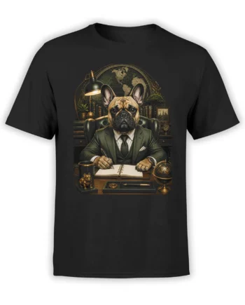 French bulldog in a green suit at a vintage desk with globe and books printed on a black unisex T-shirt, elegant business dog design