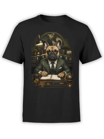 French bulldog in a green suit at a vintage desk with globe and books printed on a black unisex T-shirt, elegant business dog design