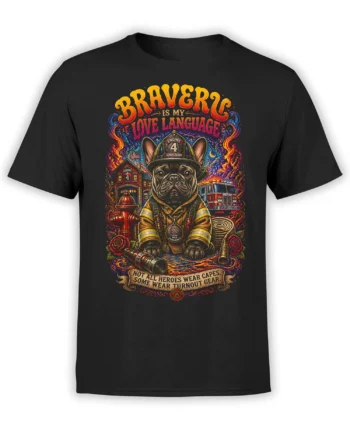 Black unisex T-shirt with colorful firefighter French Bulldog design and bravery quote surrounded by firehouse, truck, hose and flames