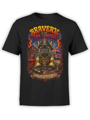 Black unisex T-shirt with colorful firefighter French Bulldog design and bravery quote surrounded by firehouse, truck, hose and flames
