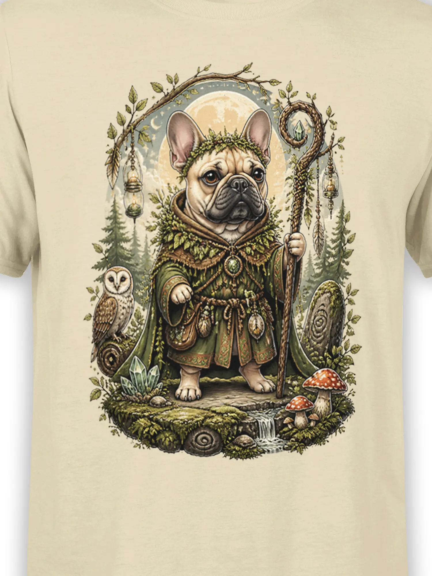 Close-up of French Bulldog druid graphic with staff, owl and forest details printed on beige T-shirt fabric