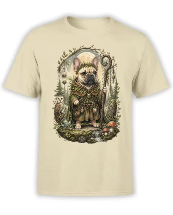 Beige unisex T-shirt with detailed French Bulldog druid design, staff, owl, crystals and mushrooms in a moonlit forest frame