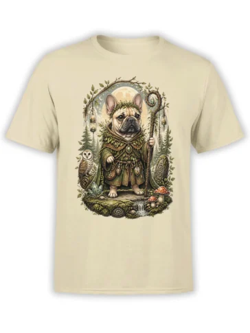 Beige unisex T-shirt with detailed French Bulldog druid design, staff, owl, crystals and mushrooms in a moonlit forest frame