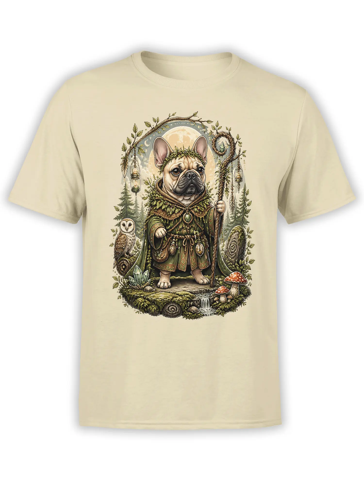 Beige unisex T-shirt with detailed French Bulldog druid design, staff, owl, crystals and mushrooms in a moonlit forest frame