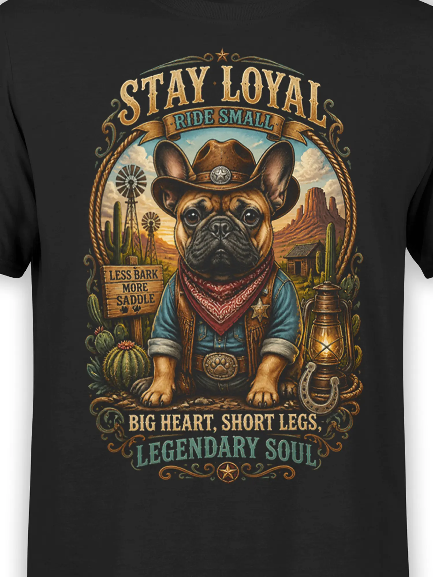 Close-up of vintage western French bulldog cowboy artwork and lettering on black t-shirt fabric
