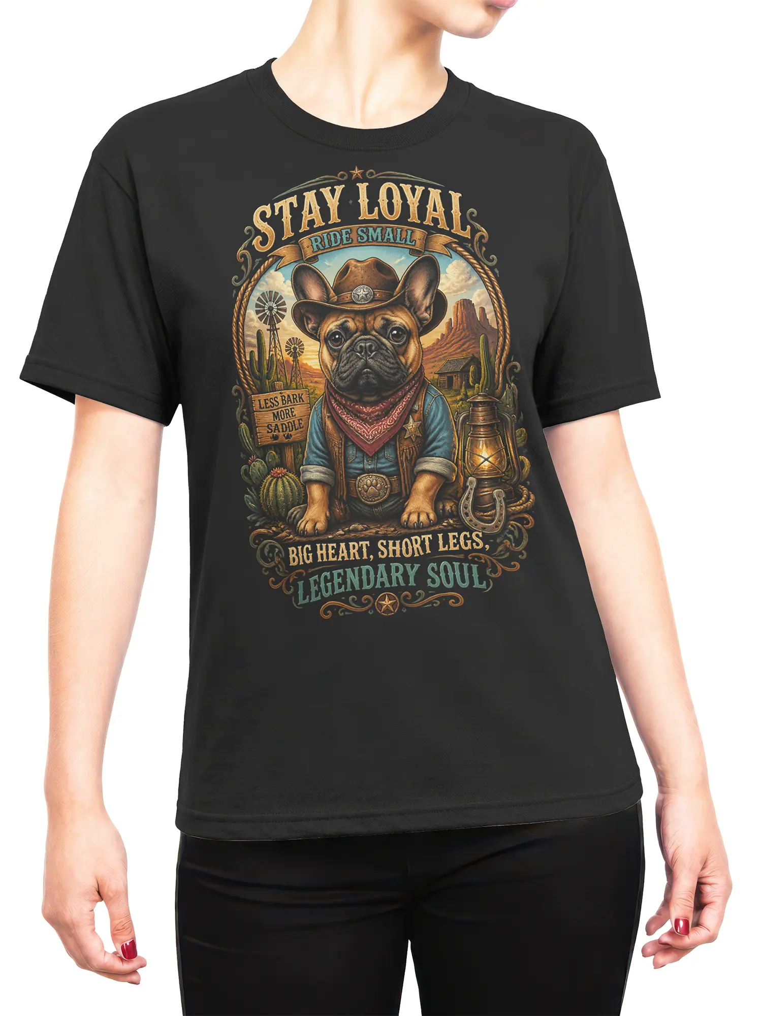 Woman wearing black western French bulldog cowboy t-shirt with legendary soul quote