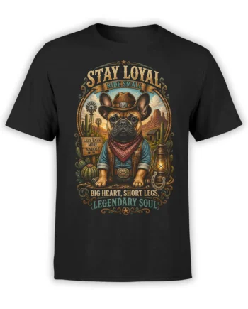 Black unisex t-shirt with vintage western French bulldog cowboy graphic and stay loyal ride small quote