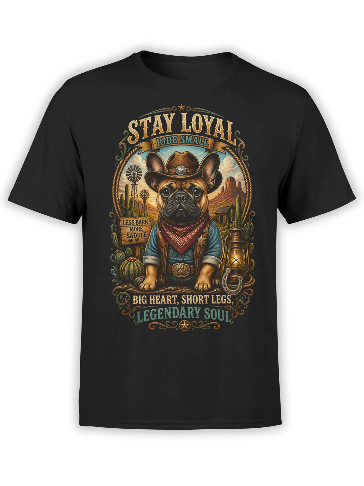 Black unisex t-shirt with vintage western French bulldog cowboy graphic and stay loyal ride small quote