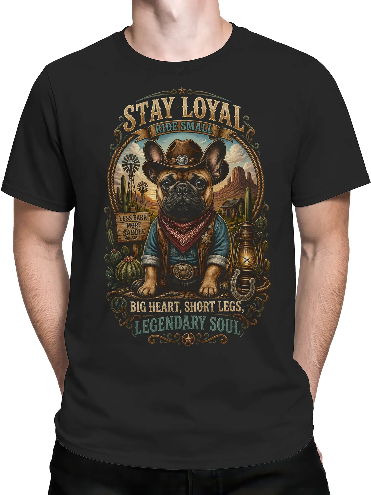 Man wearing black French bulldog cowboy western graphic tee with stay loyal message