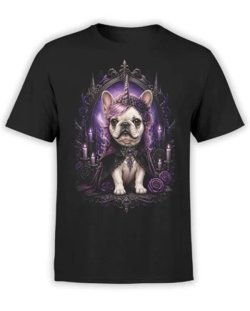 Black t-shirt with a detailed gothic french bulldog unicorn design framed by purple candles, roses, and ornate arches in a mystical style
