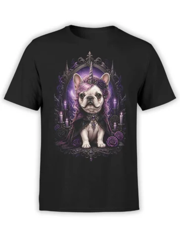 Black t-shirt with a detailed gothic french bulldog unicorn design framed by purple candles, roses, and ornate arches in a mystical style