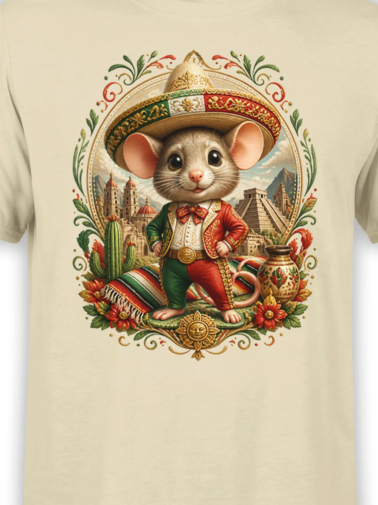 Close-up of cute sombrero mouse graphic with rich fiesta details on beige cotton fabric