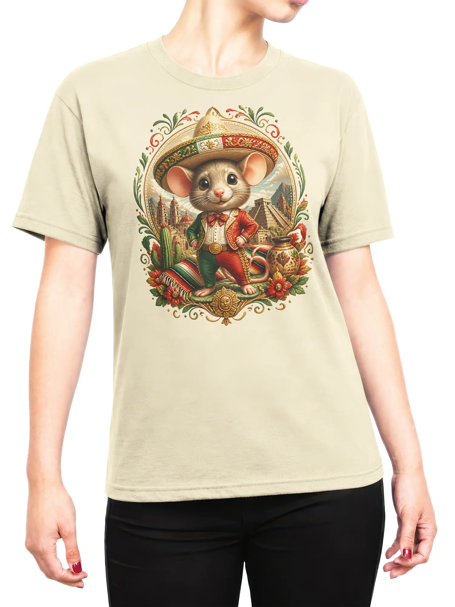 Woman wearing beige sombrero mouse fiesta shirt with colorful mouse and cactus artwork