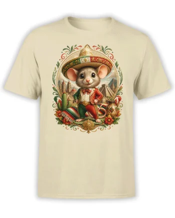 Beige unisex t-shirt featuring a cute mouse in a detailed sombrero and fiesta outfit framed by cacti, flowers, and pyramids