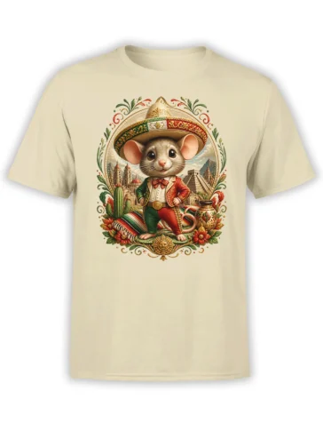 Beige unisex t-shirt featuring a cute mouse in a detailed sombrero and fiesta outfit framed by cacti, flowers, and pyramids