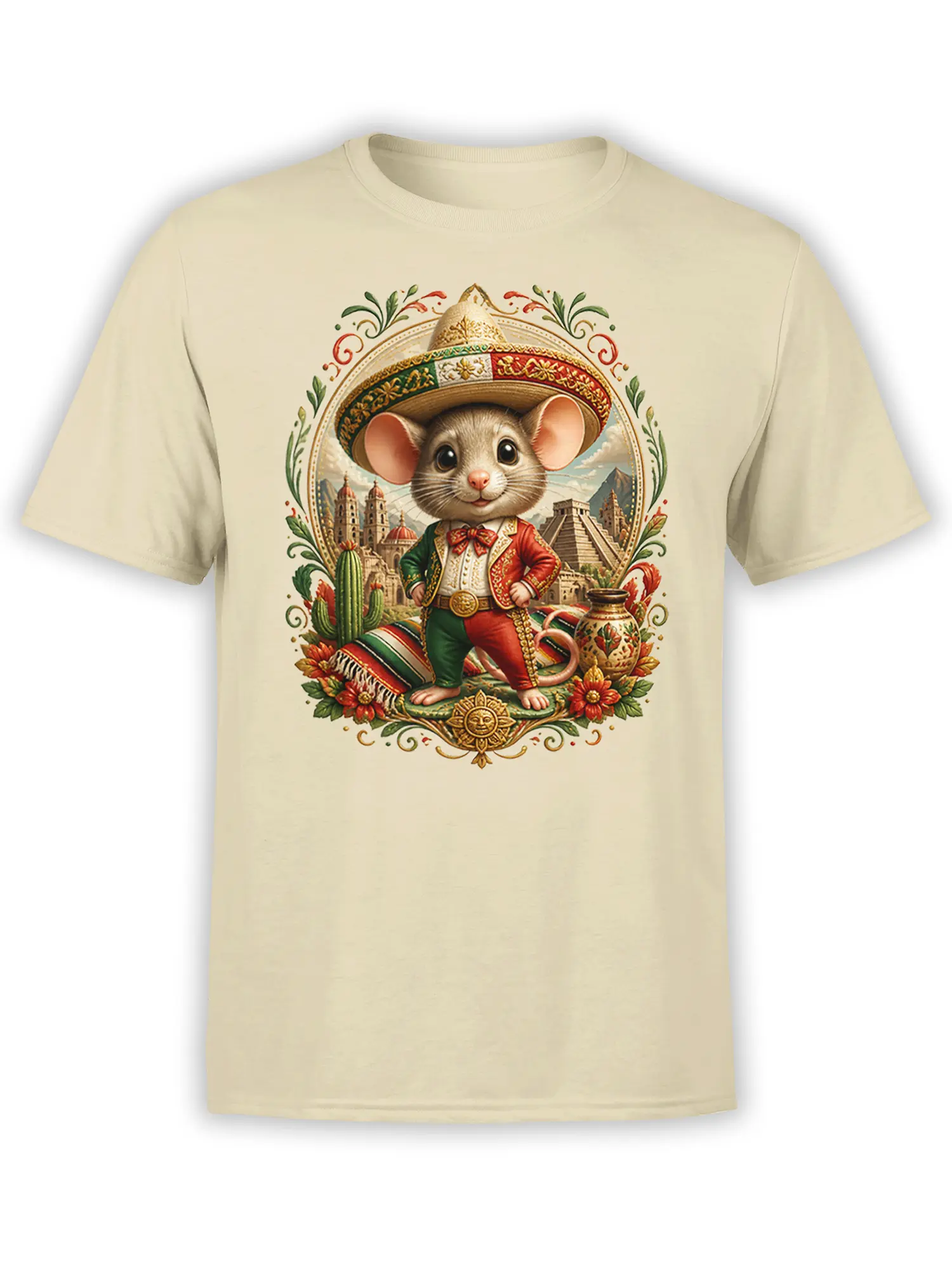 Beige unisex t-shirt featuring a cute mouse in a detailed sombrero and fiesta outfit framed by cacti, flowers, and pyramids