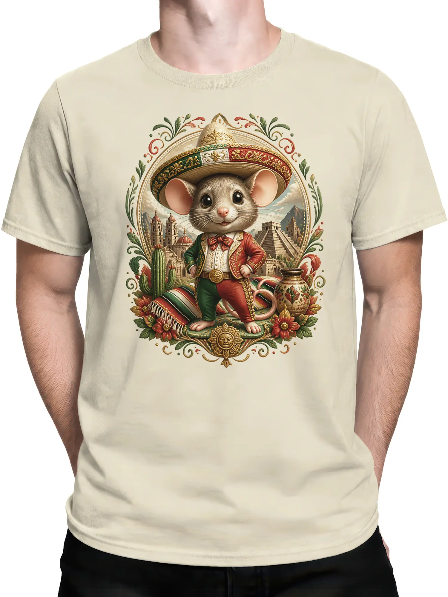 Man wearing beige t-shirt with cute sombrero mouse and fiesta scene graphic