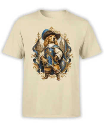 beige unisex t-shirt with detailed musketeer dog graphic in blue and gold armor holding a sword in front of castle towers