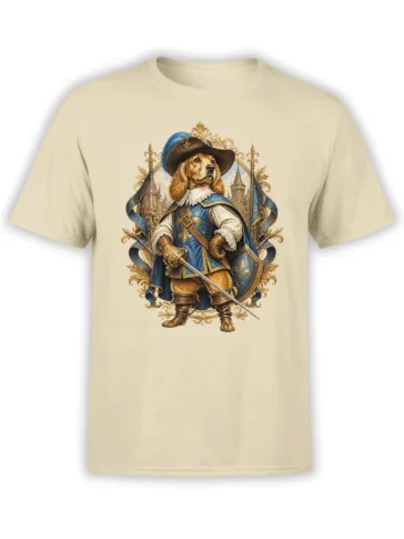 beige unisex t-shirt with detailed musketeer dog graphic in blue and gold armor holding a sword in front of castle towers