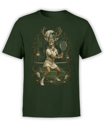green unisex t-shirt with fantasy stag tennis player graphic on a moonlit gothic court