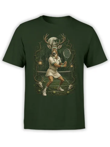 green unisex t-shirt with fantasy stag tennis player graphic on a moonlit gothic court