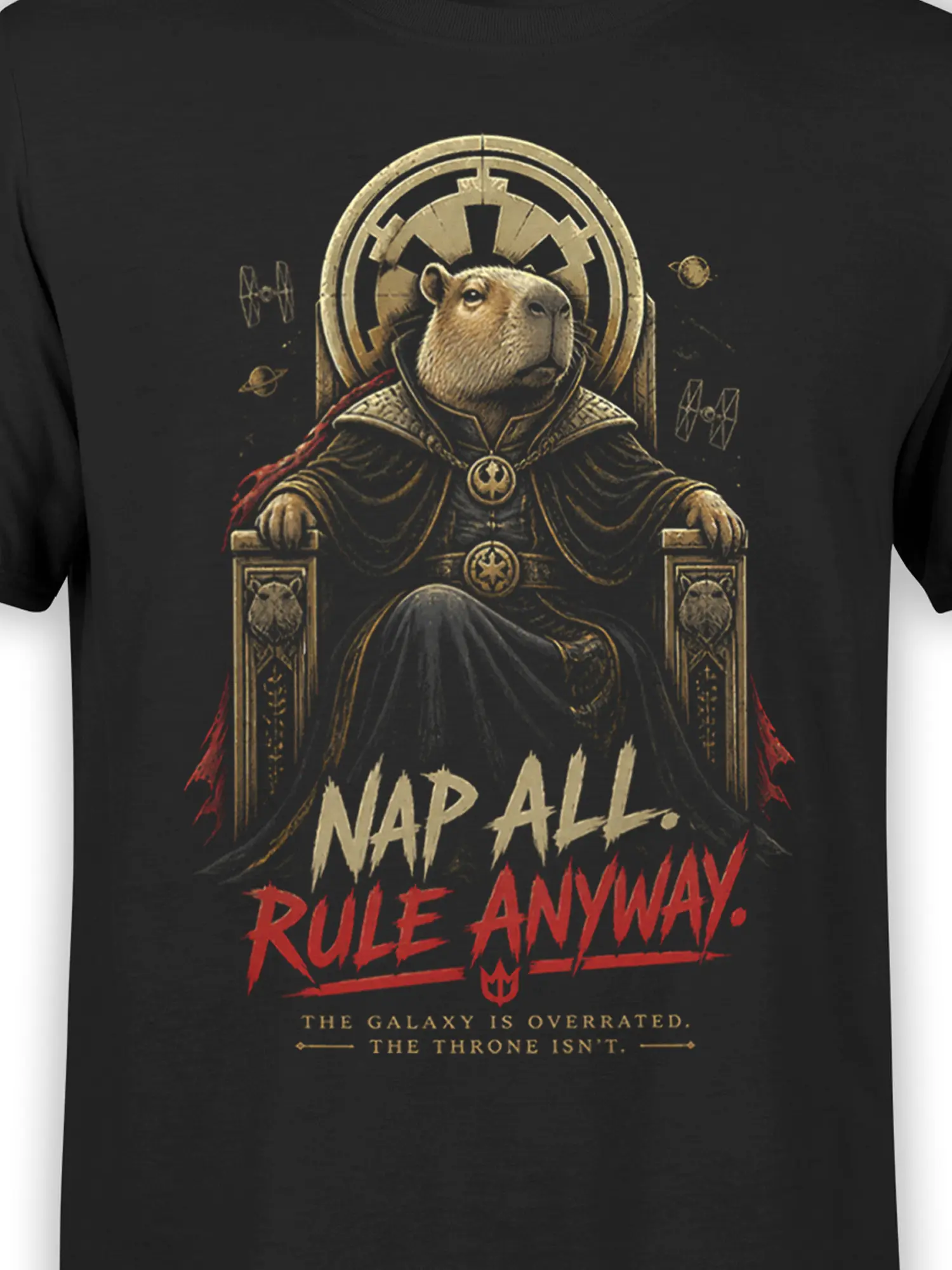 close-up of capybara emperor artwork on black shirt showing throne details and Nap All Rule Anyway text