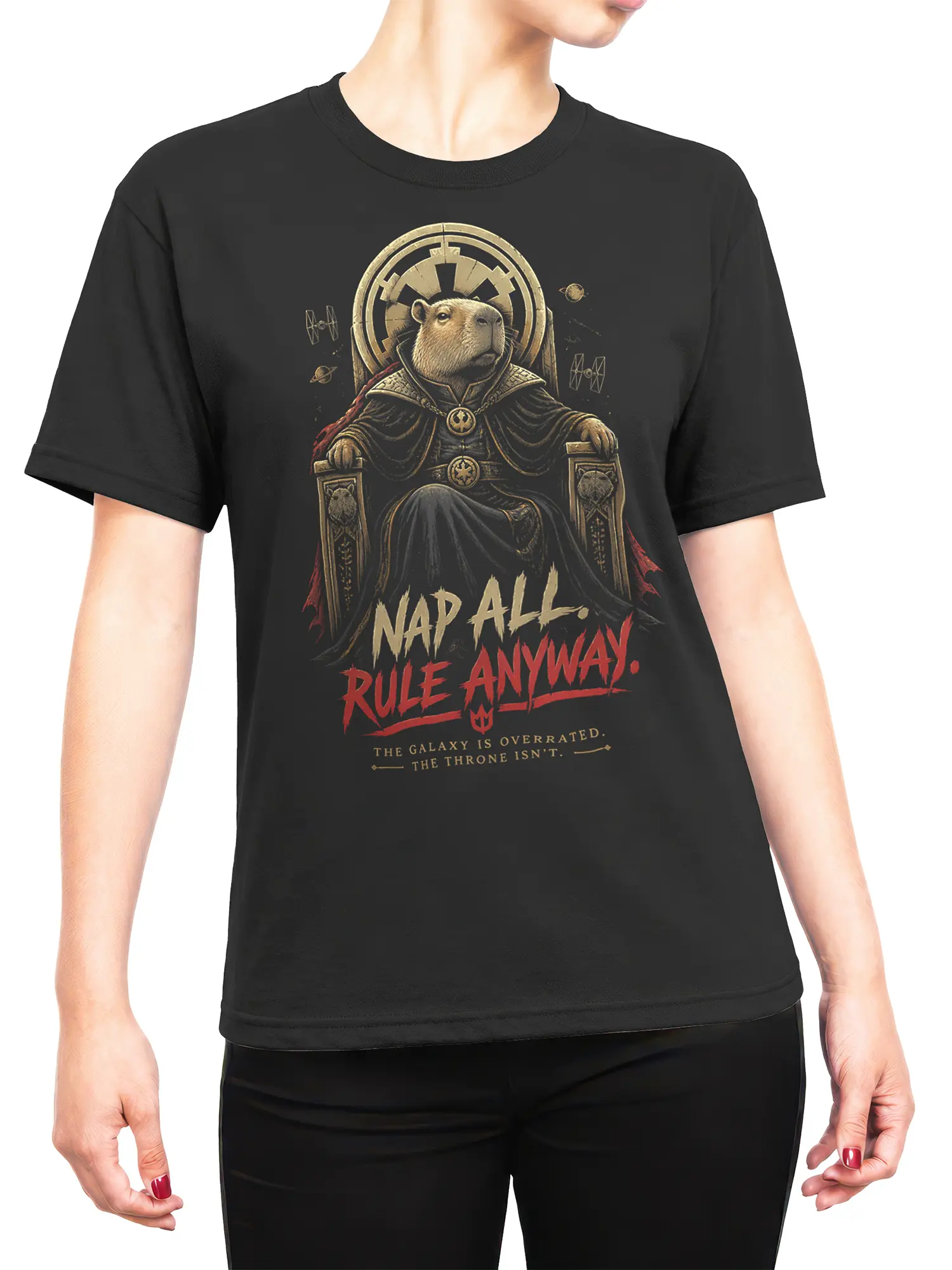 woman wearing black capybara emperor Nap All Rule Anyway t-shirt styled casually