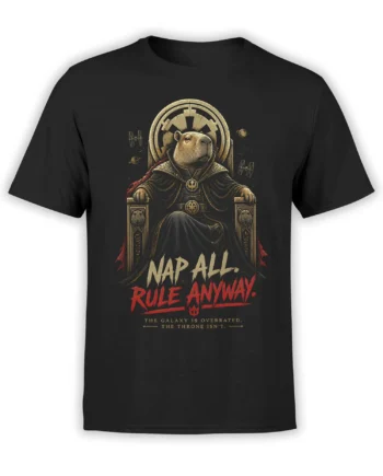 black t-shirt with a detailed capybara emperor on a golden galactic throne and the slogan Nap All Rule Anyway