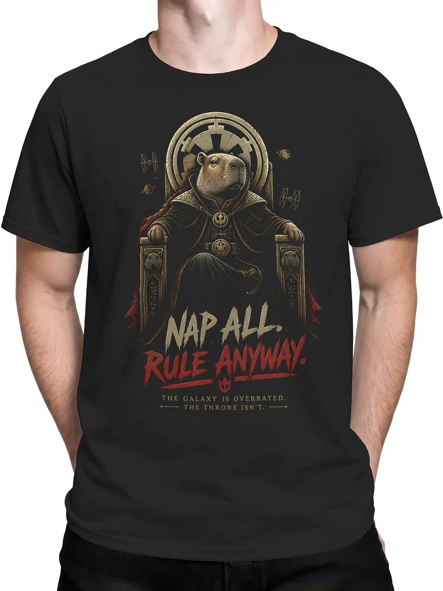 man wearing black capybara emperor Nap All Rule Anyway graphic t-shirt