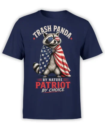 Front view of navy unisex T-shirt with patriotic trash panda raccoon in American flag cape and USA sunglasses with bold vintage text