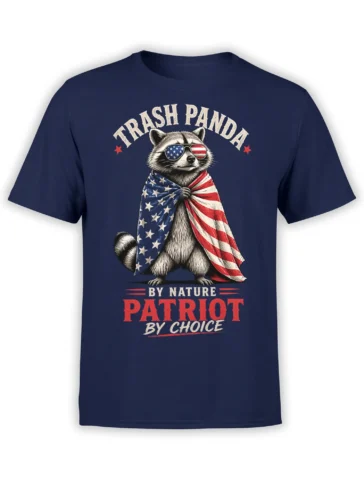 Front view of navy unisex T-shirt with patriotic trash panda raccoon in American flag cape and USA sunglasses with bold vintage text