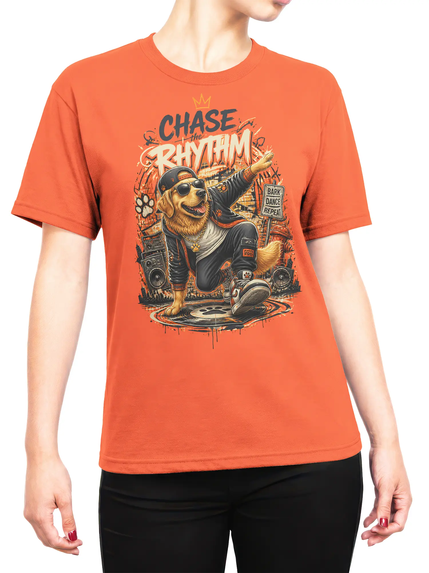 Woman wearing orange hip hop Golden Retriever “Chase the Rhythm” t-shirt styled with casual streetwear