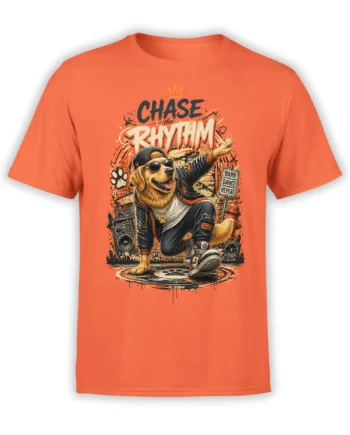 Front view of orange t-shirt with hip hop Golden Retriever breakdancing among graffiti, boomboxes, and bold “Chase the Rhythm” lettering