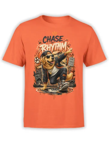 Front view of orange t-shirt with hip hop Golden Retriever breakdancing among graffiti, boomboxes, and bold “Chase the Rhythm” lettering
