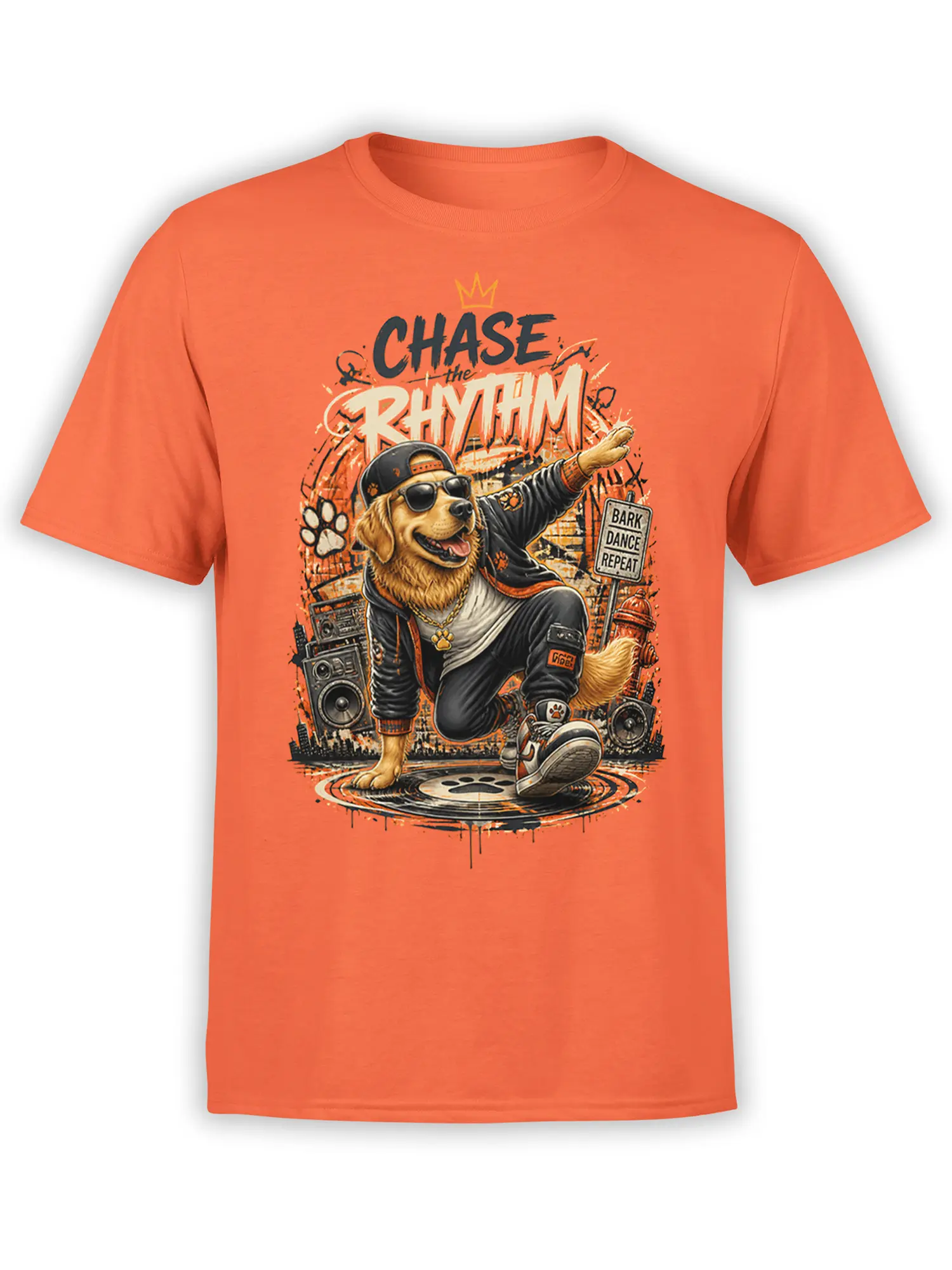 Front view of orange t-shirt with hip hop Golden Retriever breakdancing among graffiti, boomboxes, and bold “Chase the Rhythm” lettering