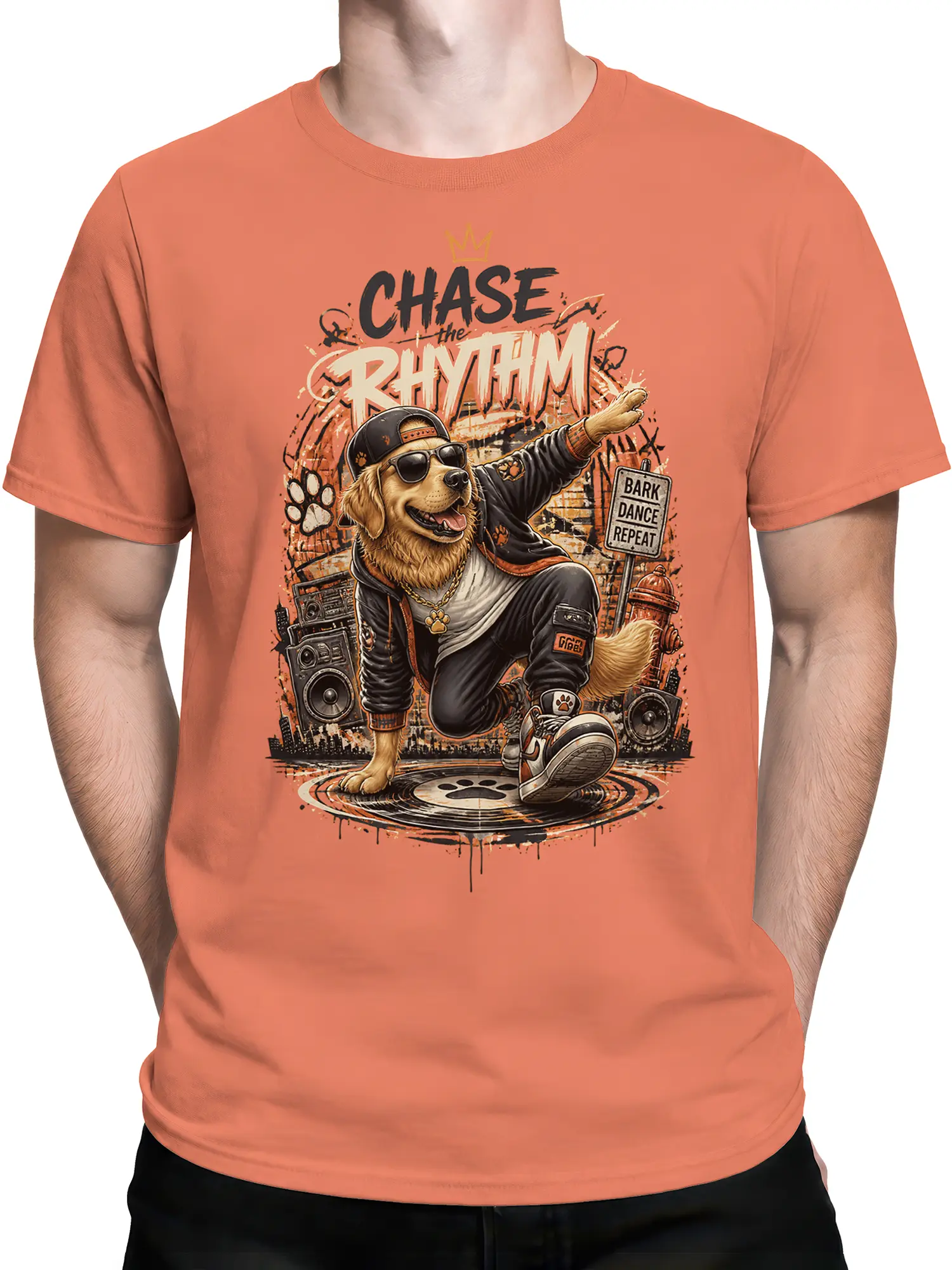 Man wearing orange Golden Retriever hip hop dance t-shirt with graffiti and boombox graphic