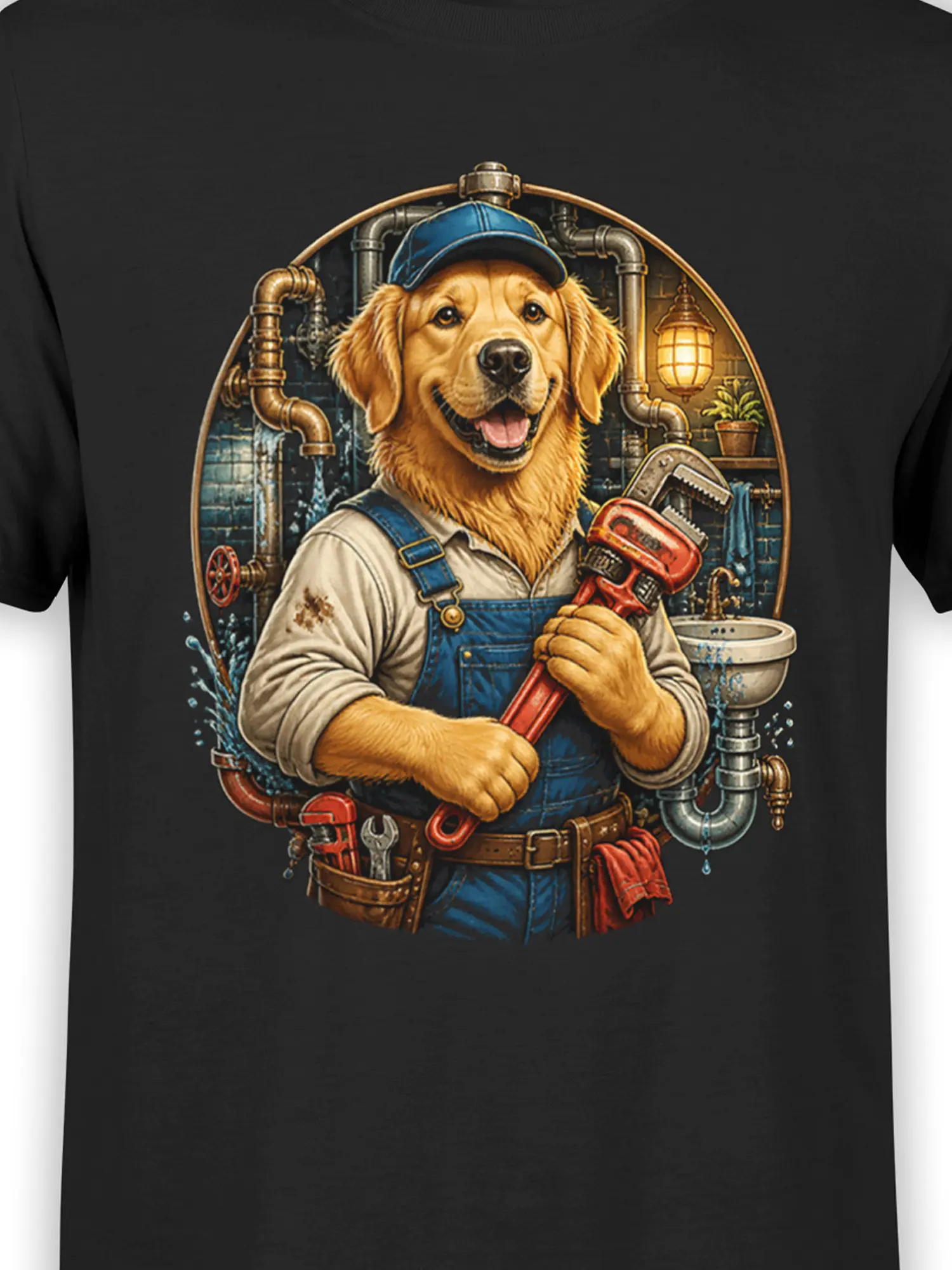 close-up of golden retriever plumber graphic with blue overalls and red wrench on black cotton shirt