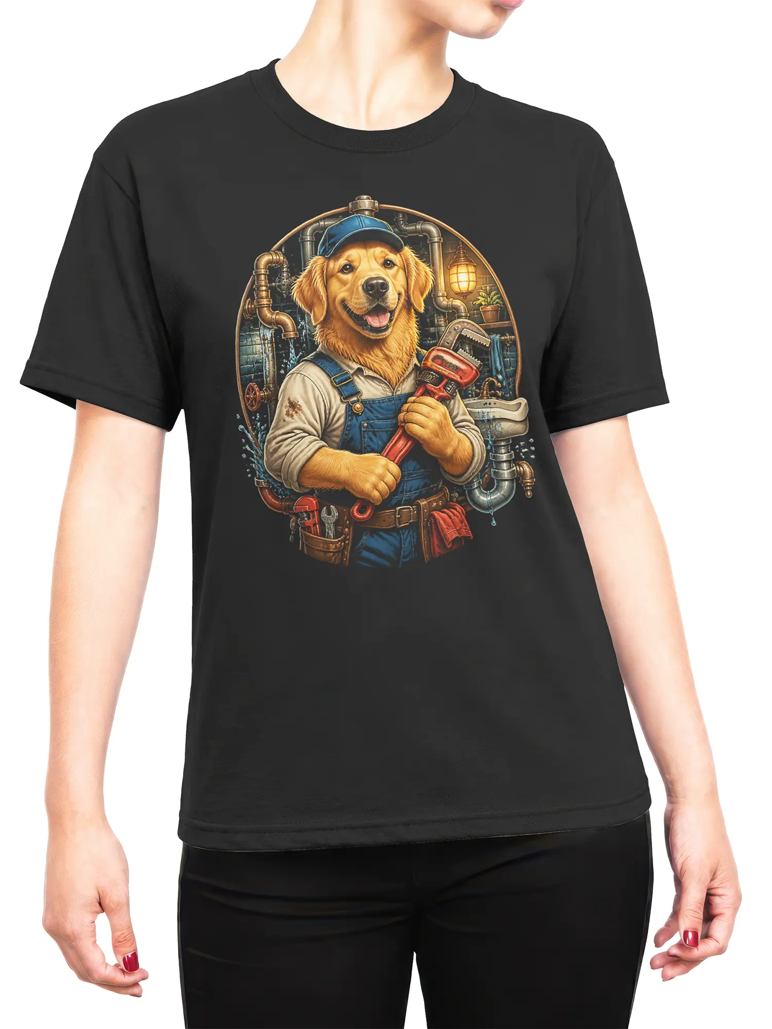 female model wearing black t-shirt with golden retriever plumber and wrench design centered on chest