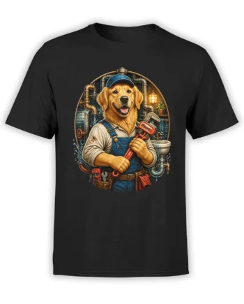 black unisex t-shirt with detailed golden retriever plumber holding a red pipe wrench in a workshop of leaking pipes