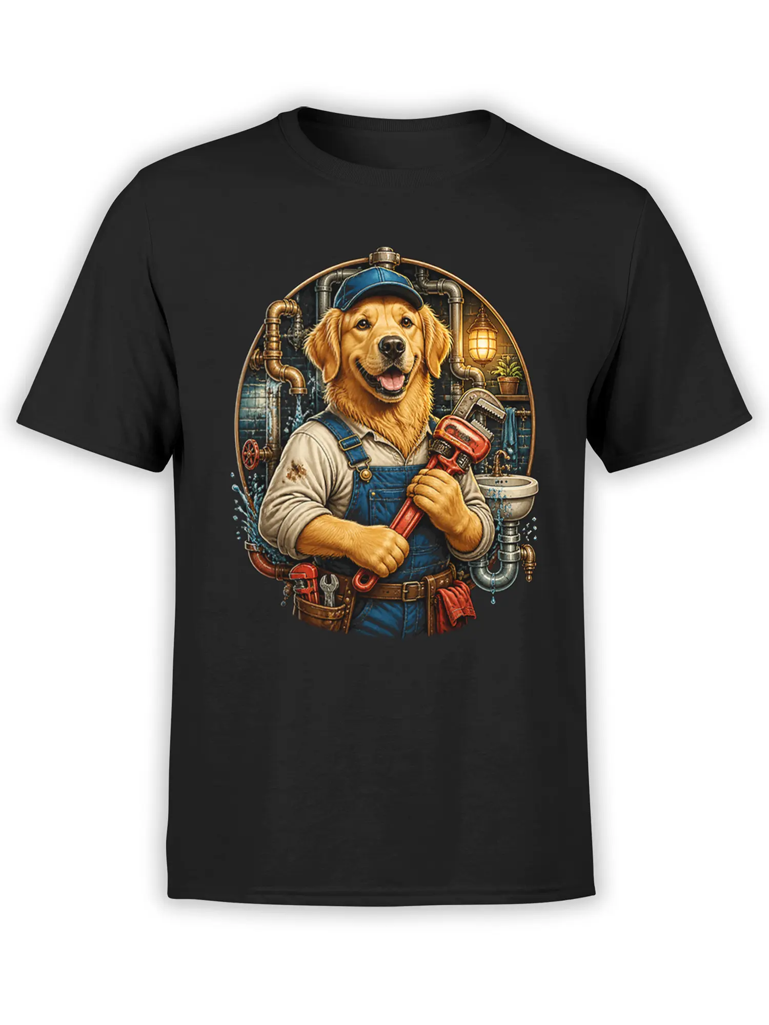 black unisex t-shirt with detailed golden retriever plumber holding a red pipe wrench in a workshop of leaking pipes