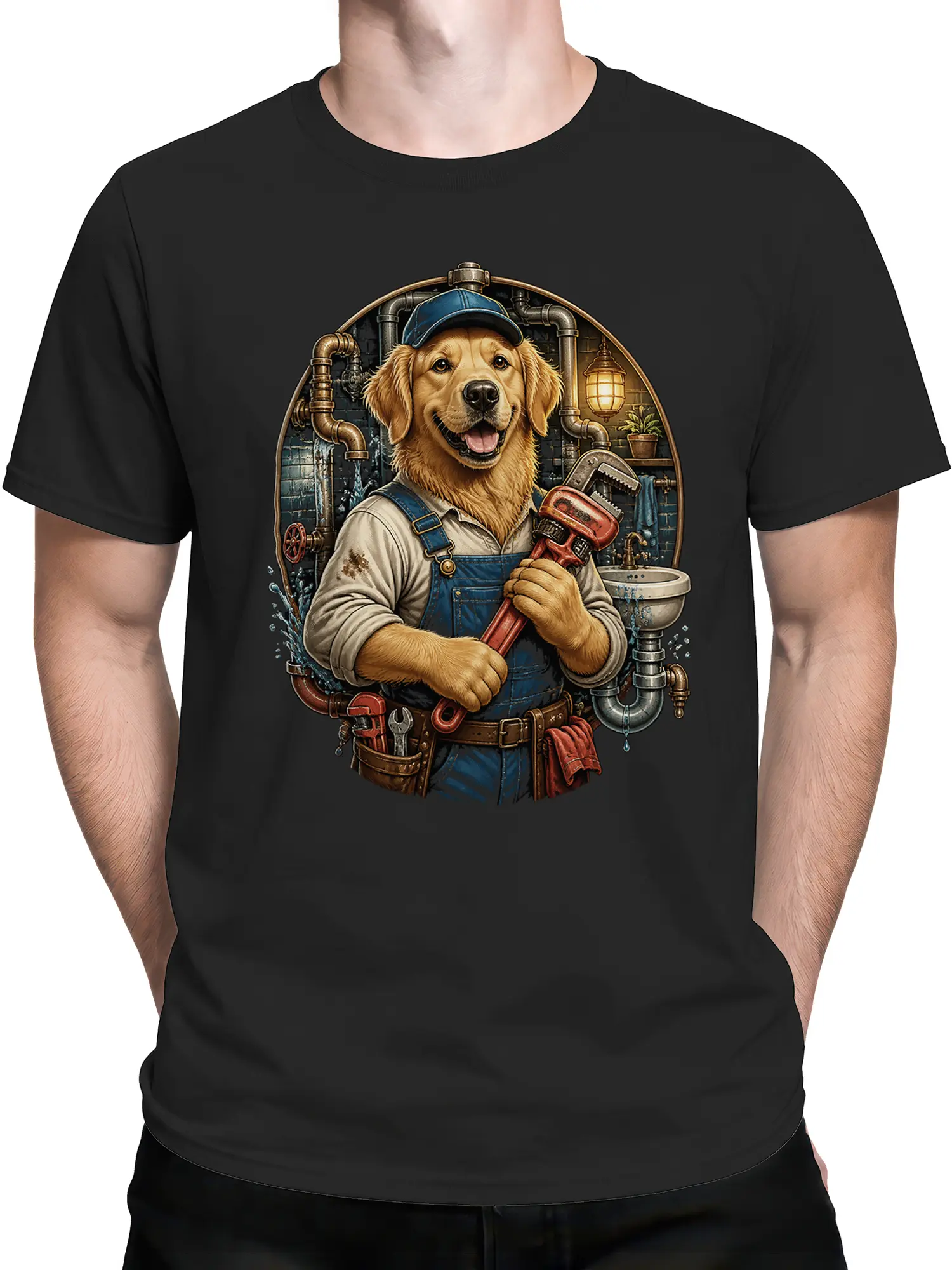 male model in black t-shirt featuring smiling golden retriever plumber holding a red wrench