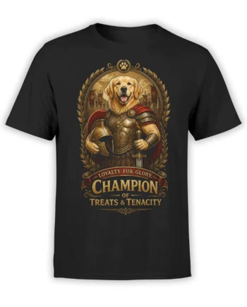 Black unisex t-shirt with heroic golden retriever gladiator artwork framed in laurel leaves and the words Champion of Treats & Tenacity