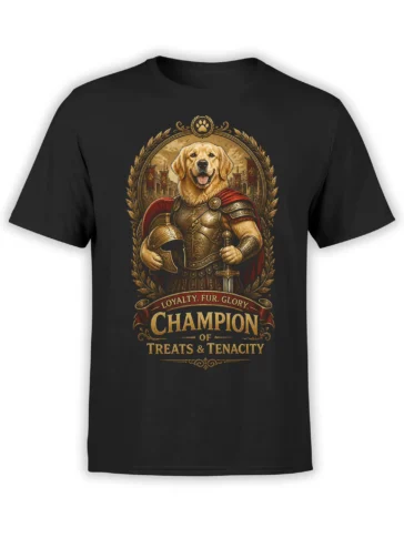 Black unisex t-shirt with heroic golden retriever gladiator artwork framed in laurel leaves and the words Champion of Treats & Tenacity